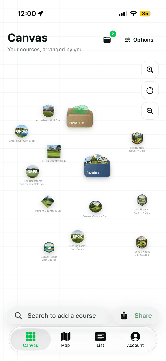 Greenskeeper course collection with Bucket List and Favorites folders